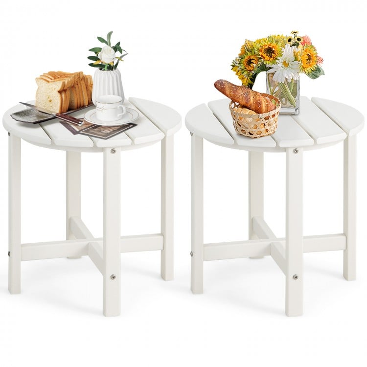 Set of 2 white 18-inch round weather-resistant Adirondack side tables, perfect for outdoor use and easy maintenance.