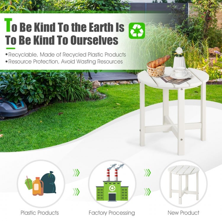 Round white weather-resistant Adirondack side table made of recycled HDPE, perfect for outdoor use and easy maintenance.
