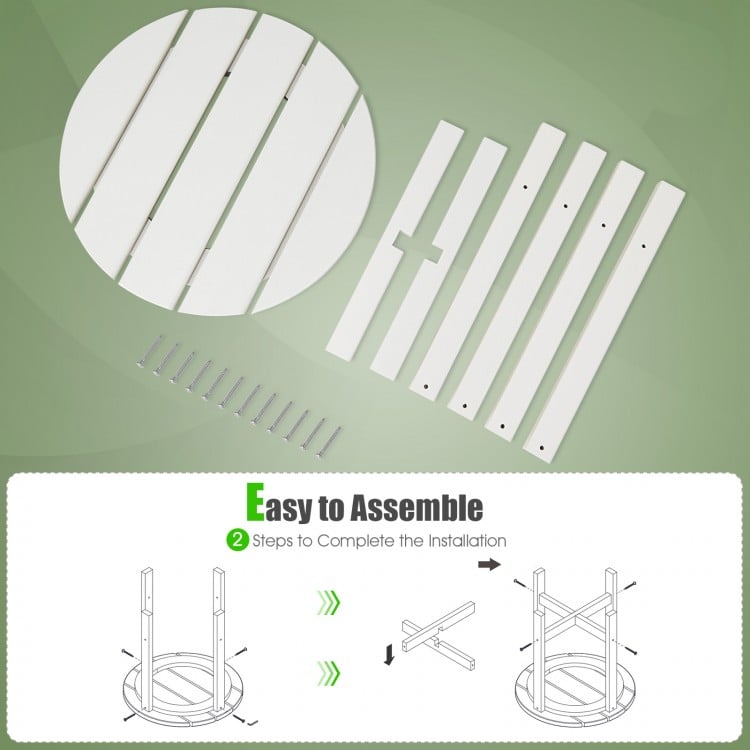 Assembly components for the 18-inch round white Adirondack side tables, featuring slatted design and weather-resistant.