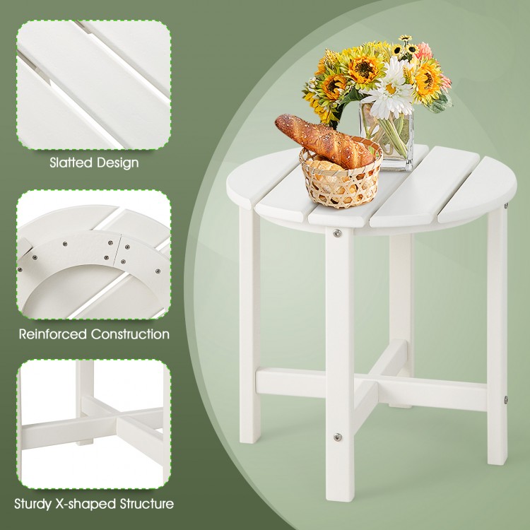 Round white Adirondack side table with slatted design, weather-resistant HDPE material, perfect for outdoor use.