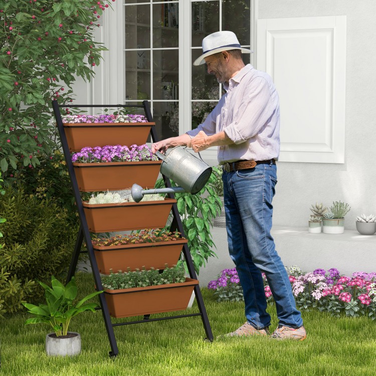 5-tier vertical raised garden bed with wheels and brown planter boxes, ideal for cultivating plants in outdoor spaces.