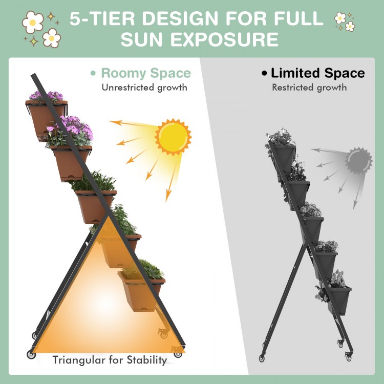 5-tier vertical raised garden bed in brown with wheels, featuring durable PP material and stable triangular design for.