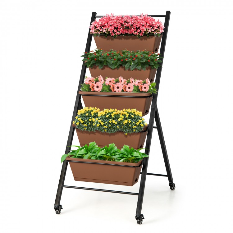 5-tier vertical raised garden bed with wheels, brown planter boxes, perfect for indoor or outdoor plant cultivation.