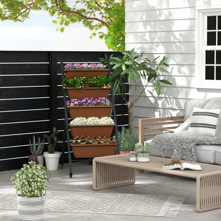 5-tier vertical raised garden bed in brown with wheels, featuring large planter boxes for indoor or outdoor plant.