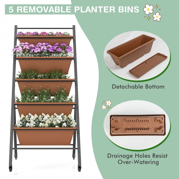 5-tier vertical raised garden bed with wheels, brown planter boxes, durable PP material, ideal for indoor or outdoor.