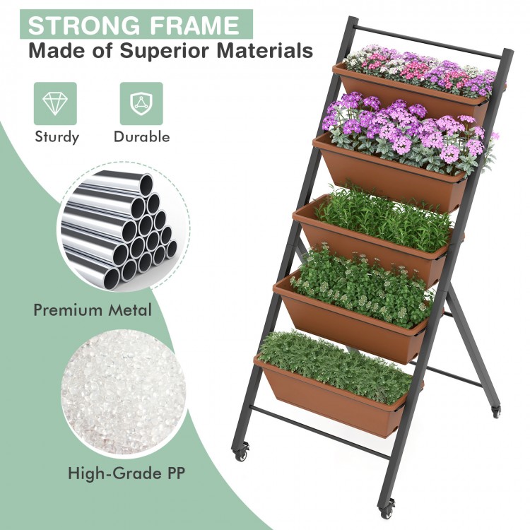 5-tier vertical raised garden bed with wheels, brown planter boxes, durable metal frame for indoor or outdoor use.