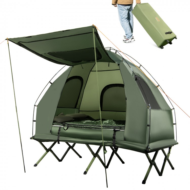 Foldable 2-person camping tent cot with air mattress, sleeping bag, and waterproof fabric for outdoor adventures.