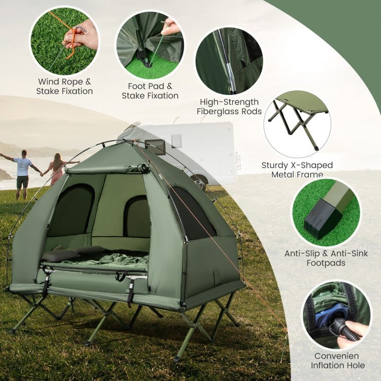 Foldable 2-person camping tent cot with air mattress, featuring waterproof fabric and sturdy X-shaped metal frame for.