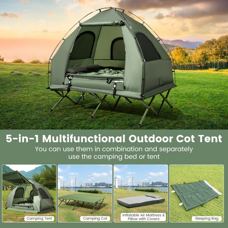 5-in-1 foldable outdoor camping tent cot with air mattress, sleeping bag, and elevated platform for comfortable camping.