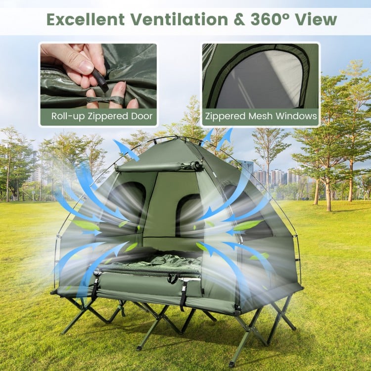 Foldable 2-person camping tent cot with roll-up door, mesh windows, and air mattress for outdoor comfort and.