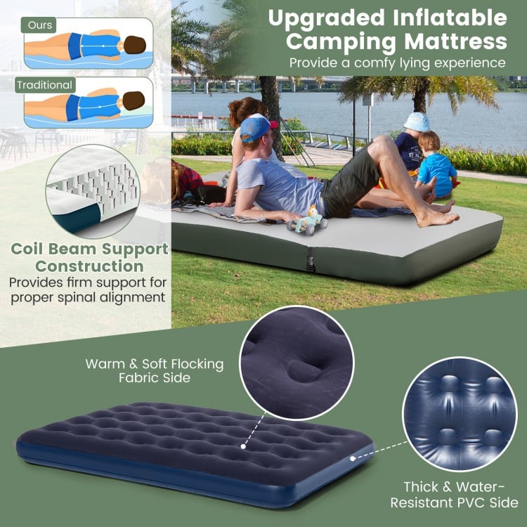 Foldable outdoor camping tent cot with air mattress, featuring waterproof fabric and elevated design for comfort.