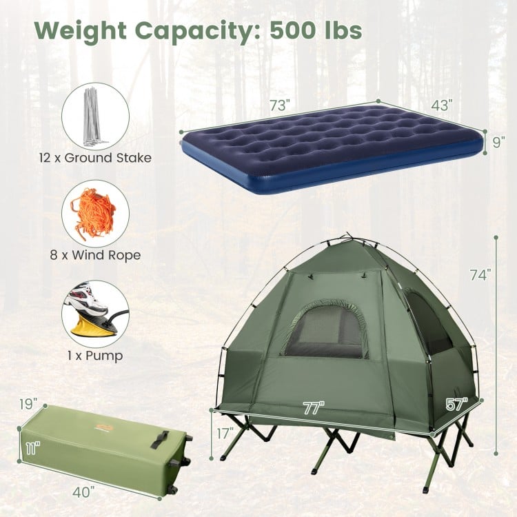 Foldable 2-person camping tent cot with air mattress, sleeping bag, and accessories, ideal for outdoor adventures.