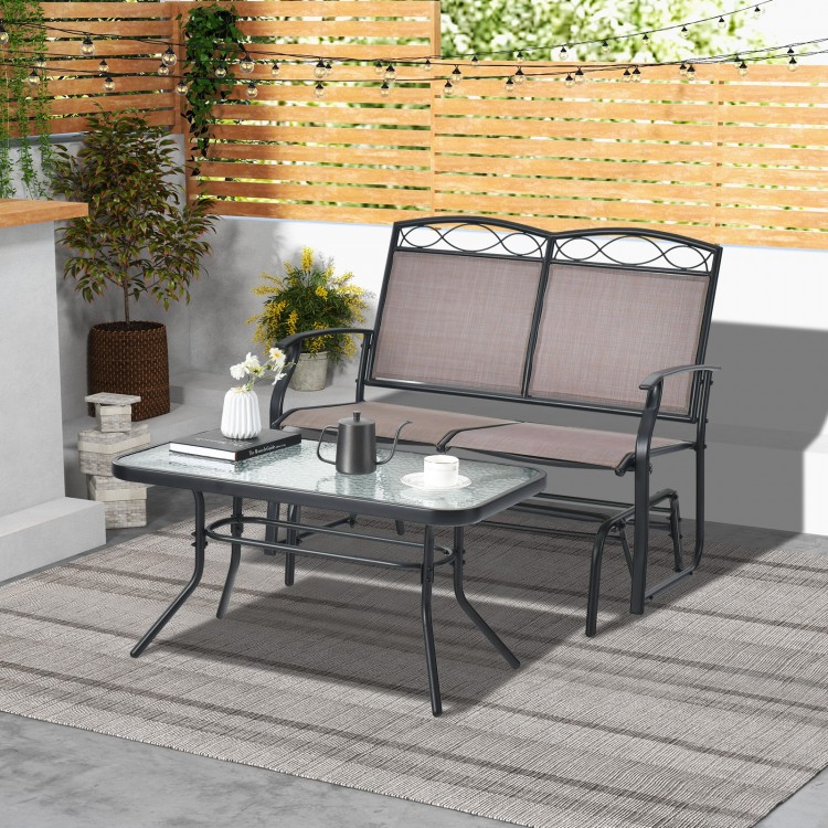 Outdoor gliding loveseat chair with tempered glass coffee table, featuring ergonomic design and rustproof metal frame.