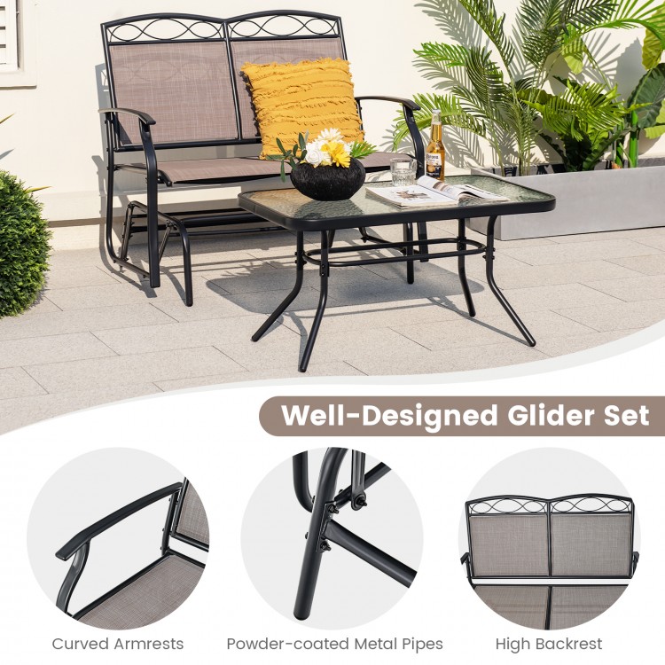 Outdoor gliding loveseat chair set with tempered glass coffee table, featuring ergonomic design and powder-coated metal.