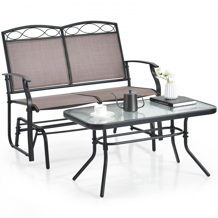 Two-piece outdoor gliding loveseat set with a tempered glass coffee table, featuring elegant design and high backrest.