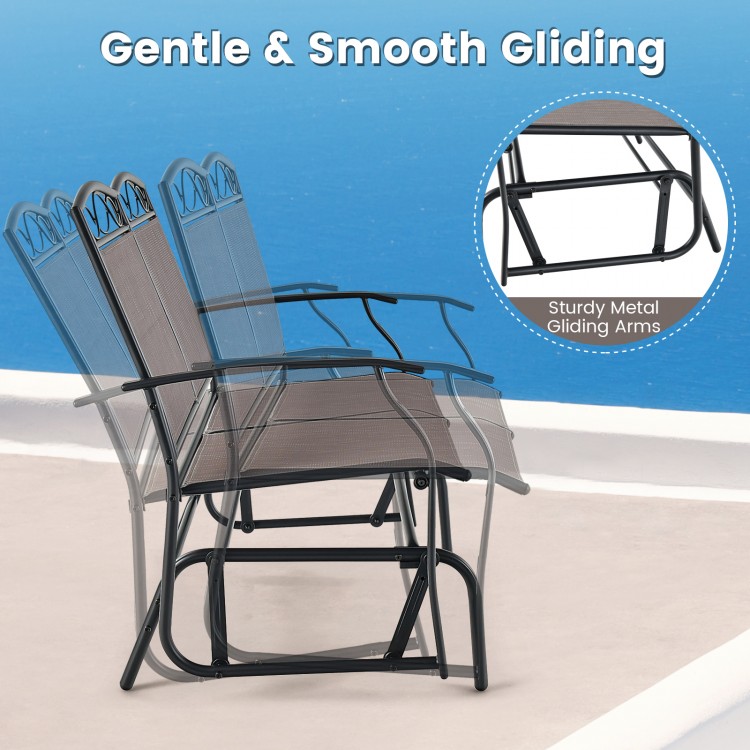 Outdoor gliding loveseat chair with ergonomic design and sturdy metal gliding arms, perfect for backyard relaxation.