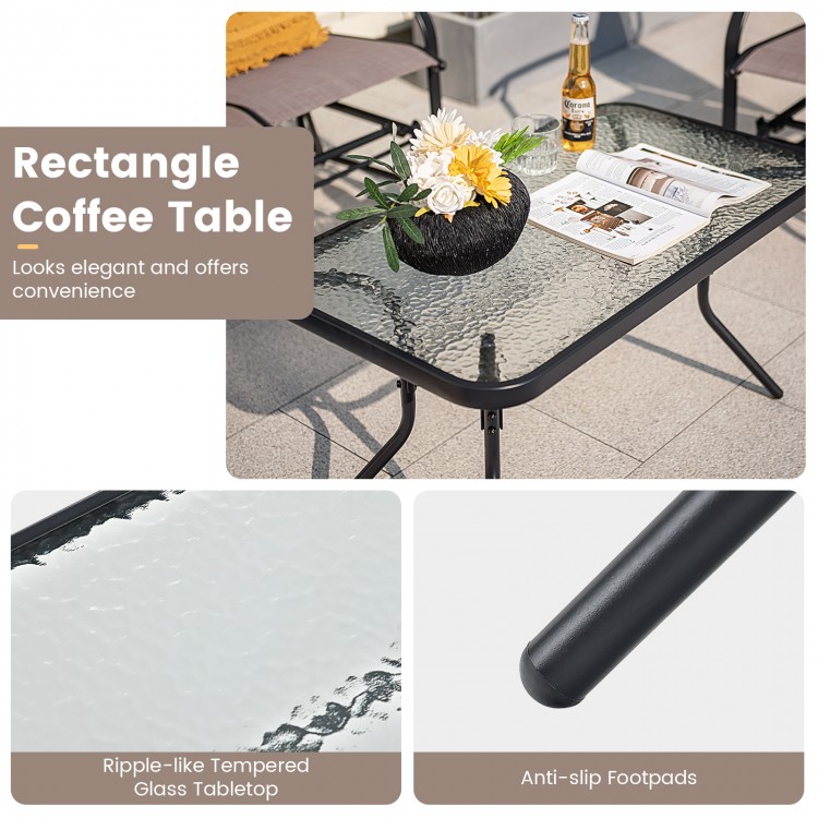 Rectangle coffee table with ripple-like tempered glass tabletop and anti-slip footpads, perfect for outdoor relaxation.