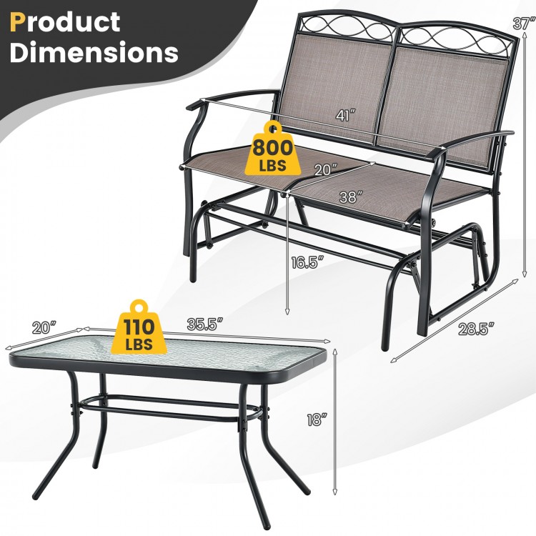 Outdoor gliding loveseat chair and tempered glass coffee table set with ergonomic design, ideal for backyard relaxation.