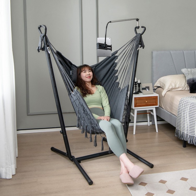 Height adjustable hammock chair in gray with phone holder and side pocket, perfect for indoor and outdoor relaxation.