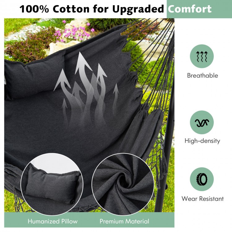 Height adjustable hammock chair in gray with a humanized pillow and side pocket, perfect for indoor and outdoor.