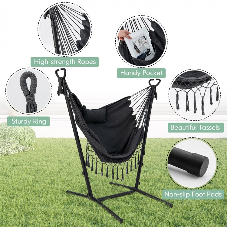 Height adjustable hammock chair in gray with side pocket and phone holder, perfect for indoor and outdoor relaxation.