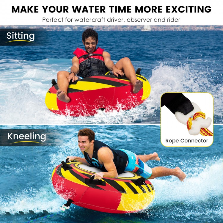 Inflatable towable tube for boating, featuring padded handles and a large seat, ideal for water sports fun.