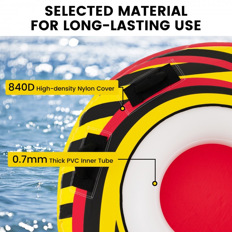 Close-up of the inflatable towable tube's 840D nylon cover and 0.7mm PVC inner tube, designed for water sports.
