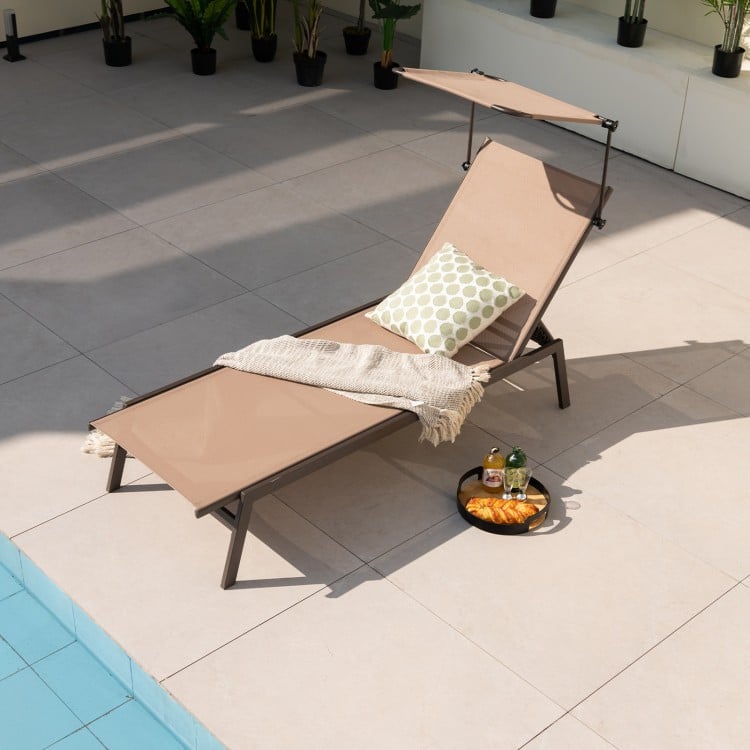 Brown outdoor chaise lounge chair with adjustable sunshade, 6 backrest positions, and hidden cup holder for poolside.