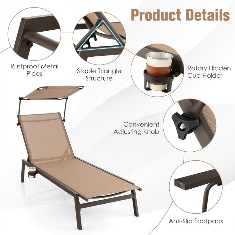 Brown outdoor chaise lounge chair with adjustable sunshade, 6-position backrest, and hidden cup holder for poolside.