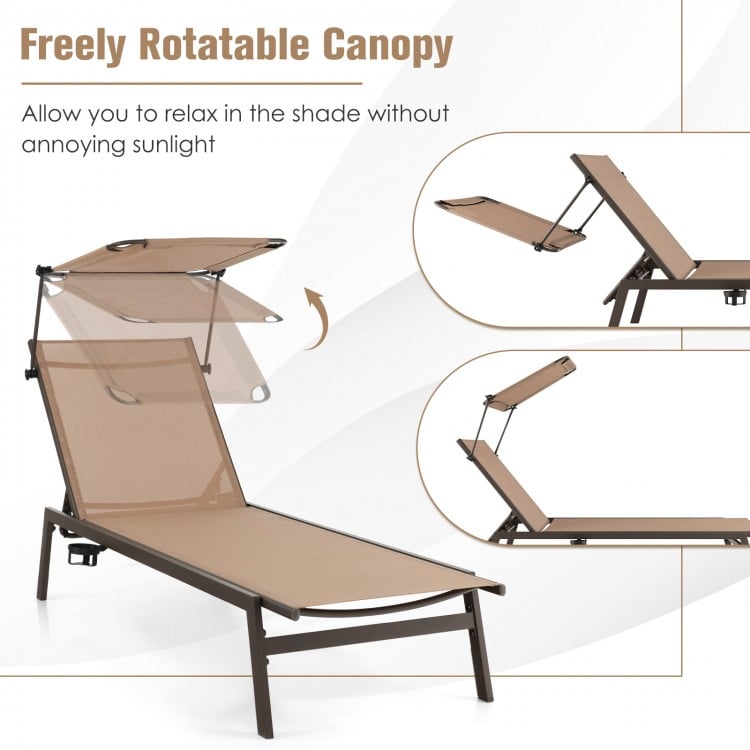 Outdoor chaise lounge chair in brown with adjustable sunshade and 6-position backrest for poolside relaxation.
