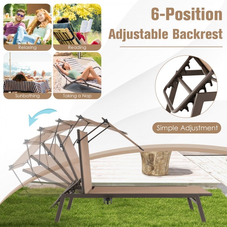Brown outdoor chaise lounge chair featuring a 6-position adjustable backrest and a sturdy metal frame for backyard.