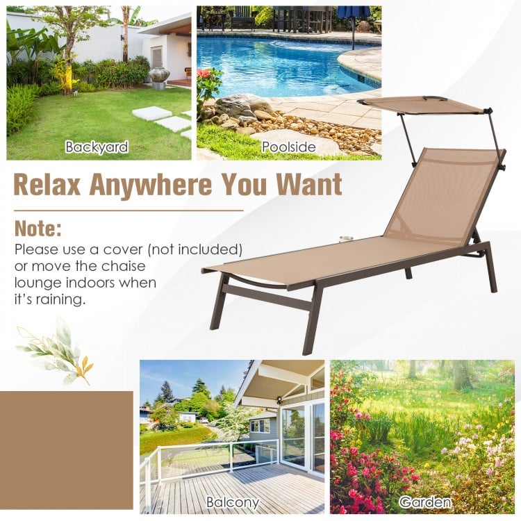 Outdoor chaise lounge chair in brown with adjustable sunshade, perfect for garden, poolside, or backyard relaxation.