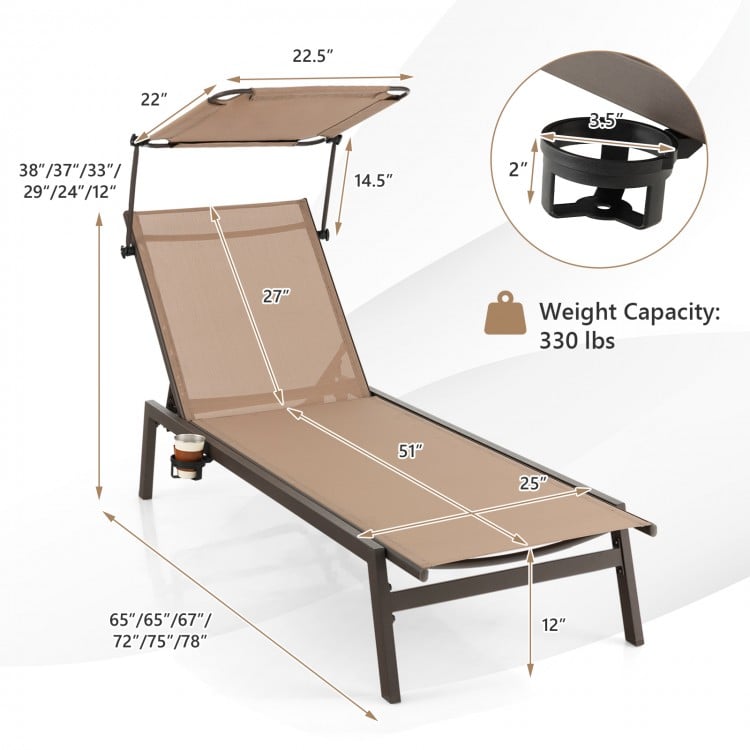 Brown outdoor chaise lounge chair showcasing dimensions and adjustable sunshade, designed for backyard or poolside use.