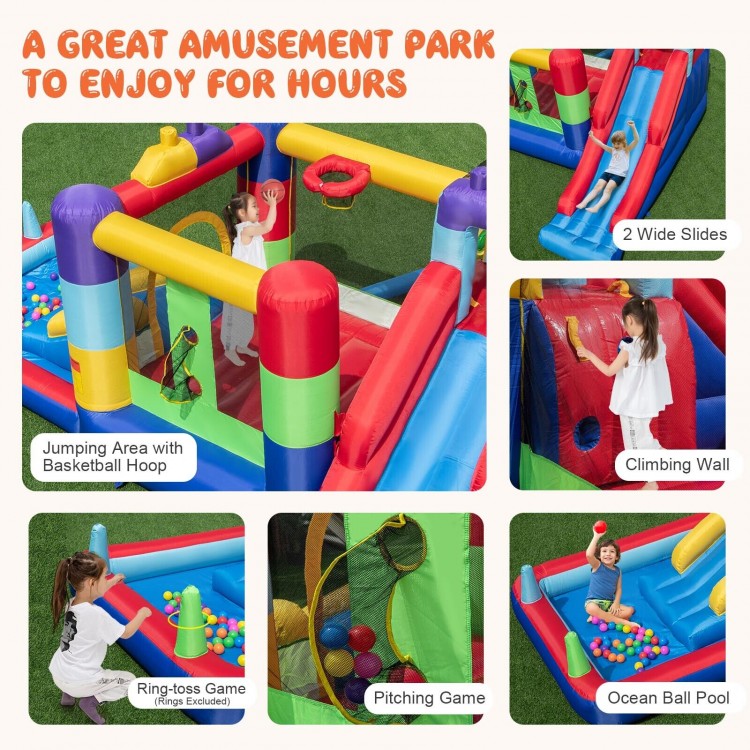 Inflatable bounce house with slides, climbing wall, and ball pit for outdoor fun, made of durable oxford cloth and PVC.