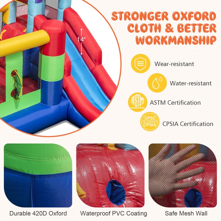 Inflatable bounce house featuring a slide, ball pit, and safety net, made of durable oxford cloth for outdoor fun.