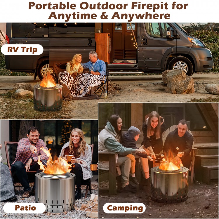Smokeless stainless steel fire pit with ash pan, ideal for camping and patio use, featuring a spiral flame design.