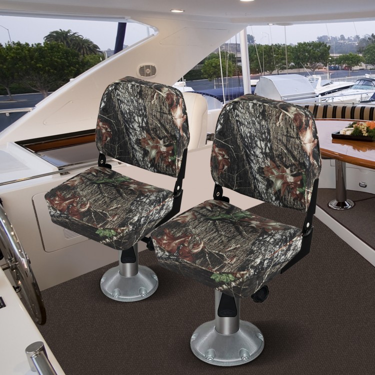 Camouflage folding boat seat with ergonomic backrest and high-density sponge padding for comfort and easy storage.
