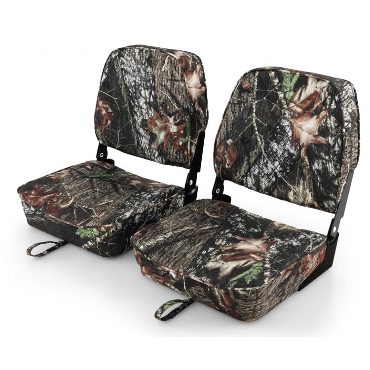 Folding boat seat set with camouflage fabric, featuring 5" thick sponge padding for comfort and waterproof durability.