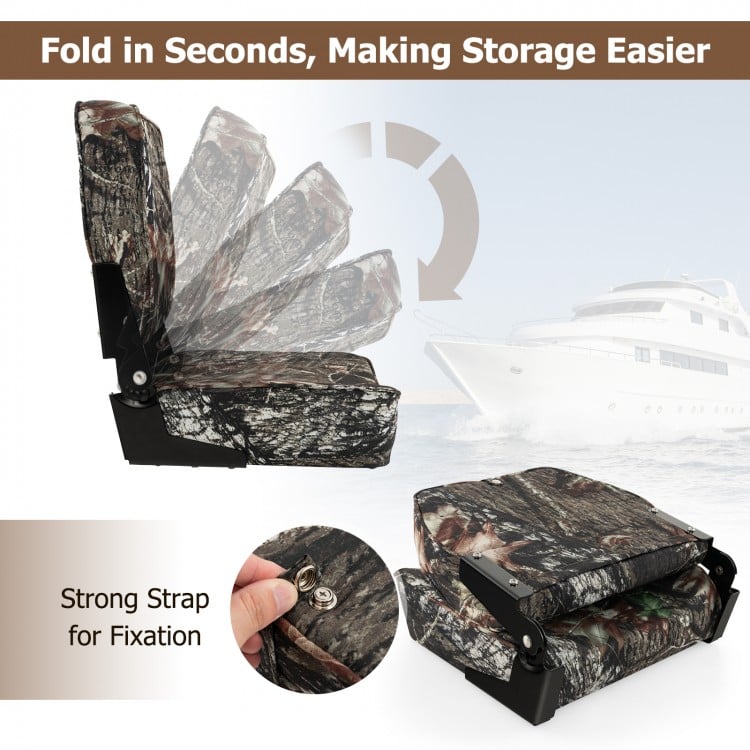 Folding boat seat set with camouflage design, featuring waterproof fabric and 5" thick sponge padding for comfort.