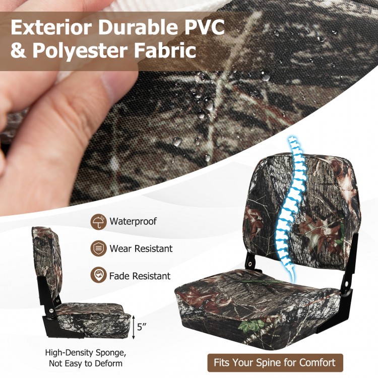 Folding boat seat set in camouflage with waterproof PVC fabric and 5" thick sponge padding for comfort and durability.