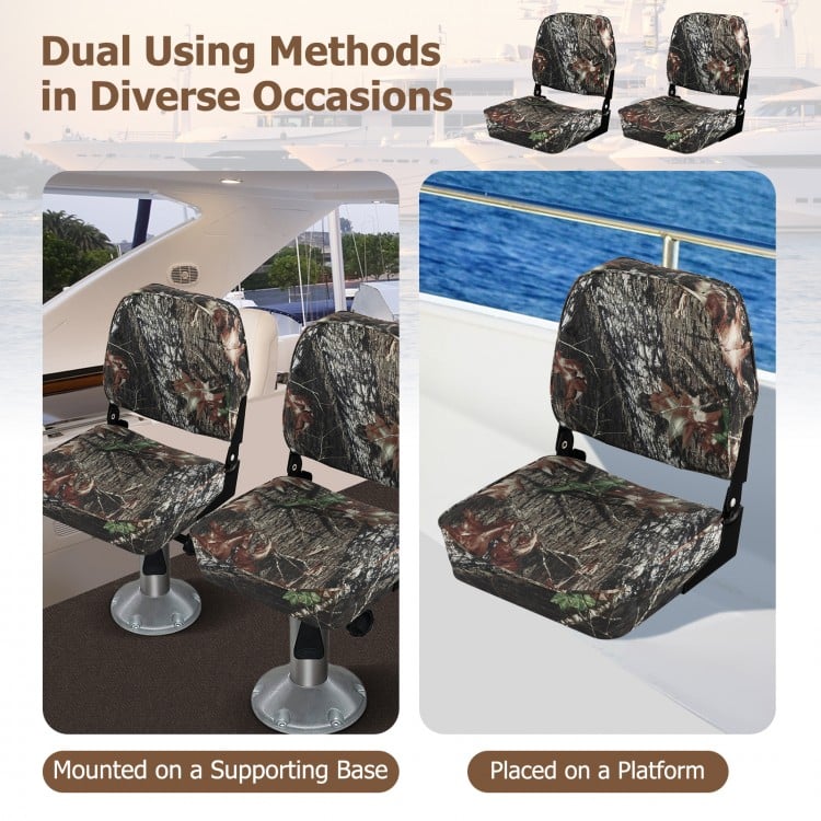 Folding boat seat set with camouflage fabric, featuring sponge padding and ergonomic backrest for comfort and support.