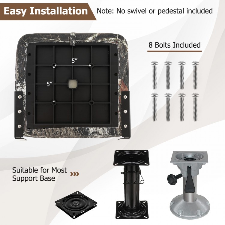 Folding boat seat installation kit with 8 bolts, featuring a 5" bolt hole spacing for versatile support base.