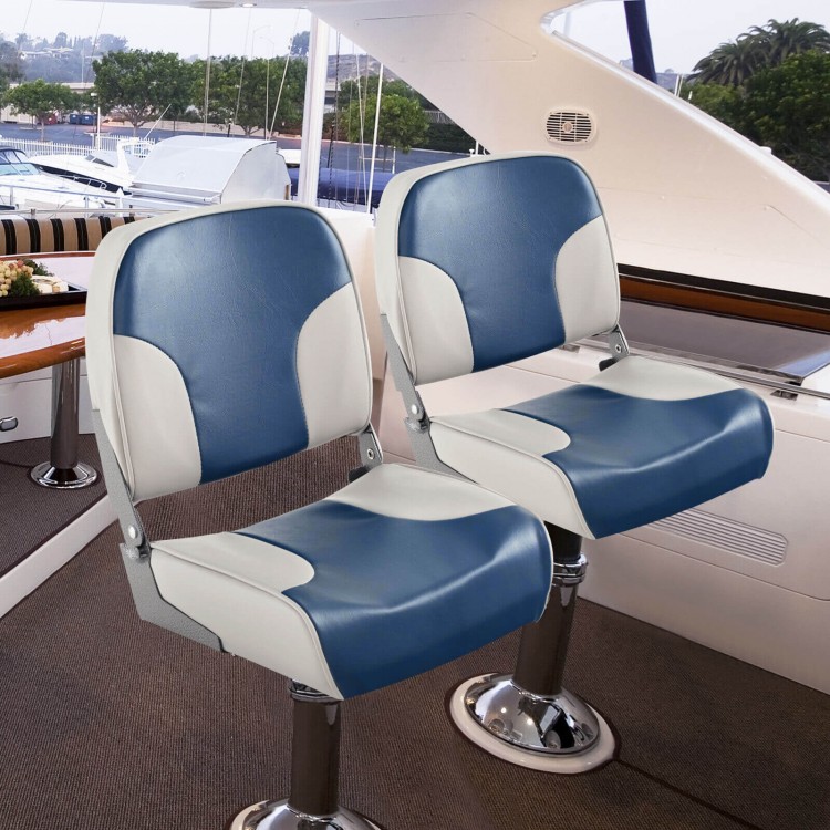 Low back boat seat set in blue with sponge padding and aluminum hinges, ideal for comfortable marine seating.