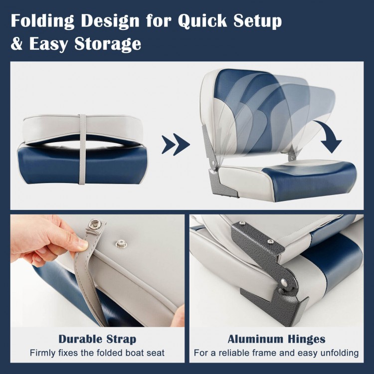 Low back boat seat set in blue with sponge padding, featuring a folding design for easy storage and aluminum hinges.
