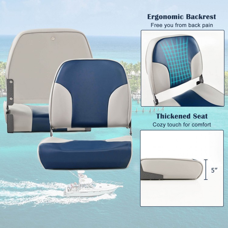 Low back boat seat set in blue with ergonomic backrest and thickened 5" seat, designed for comfort and easy storage.