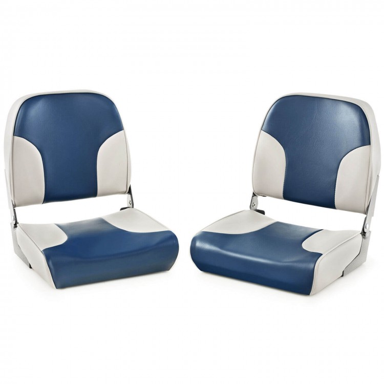 Low back boat seat set in blue with sponge padding, aluminum hinges, and ergonomic design for comfort and easy storage.
