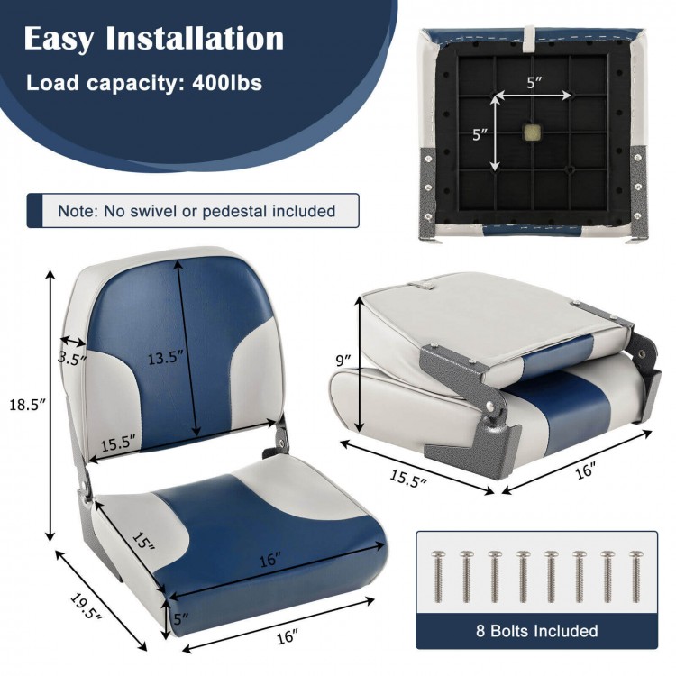 Low back boat seat set in blue with sponge padding, aluminum hinges, and folding design for easy storage and.