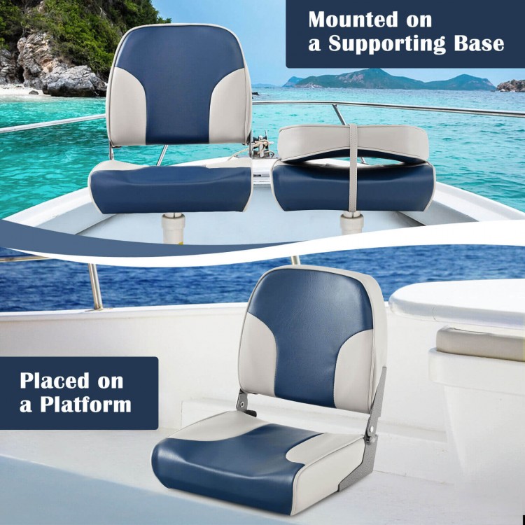 Low back boat seat set in blue, featuring sponge padding and aluminum hinges, mounted on a supporting base for comfort.