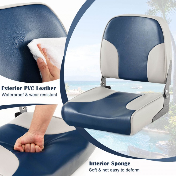 Low back boat seat set in blue with waterproof PVC leather, ergonomic design, and soft sponge padding for comfort.