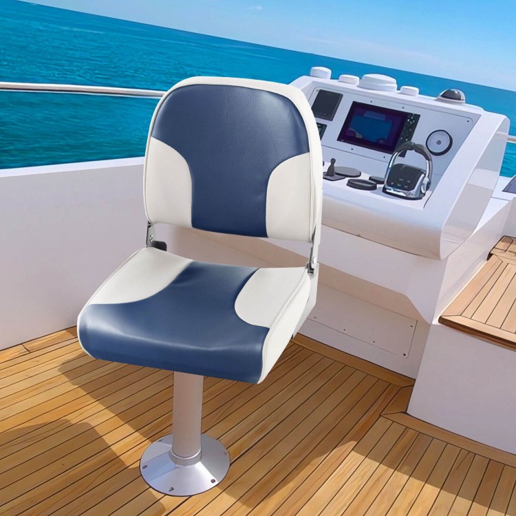 Low back boat seat in blue with ergonomic design, sponge padding, and waterproof PVC leather for comfort on the water.
